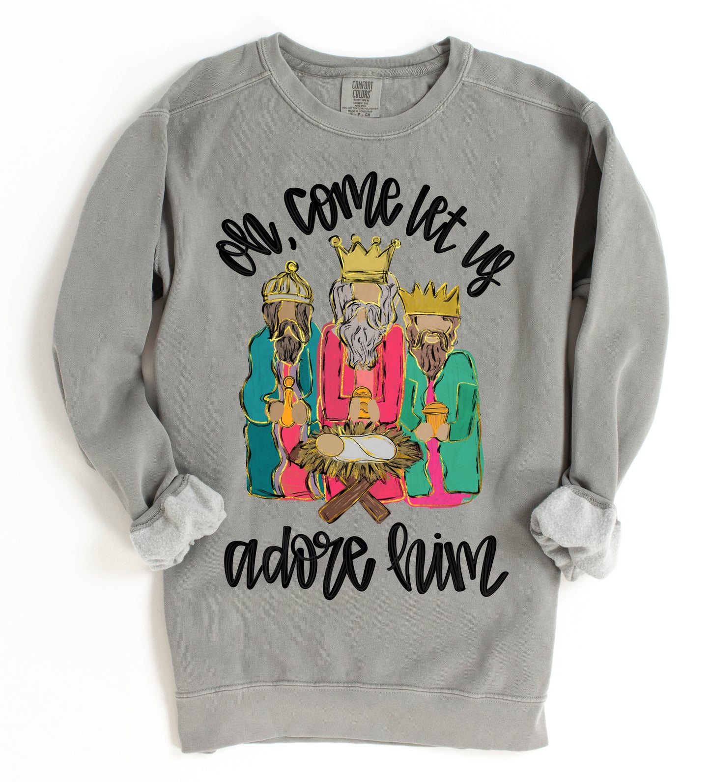 Comfort Colors Oh Come Let Us Adore Him Three Wise Men Christmas Sweatshirt/ Direct To Film Transfered Faux Glitter Sweatshirt