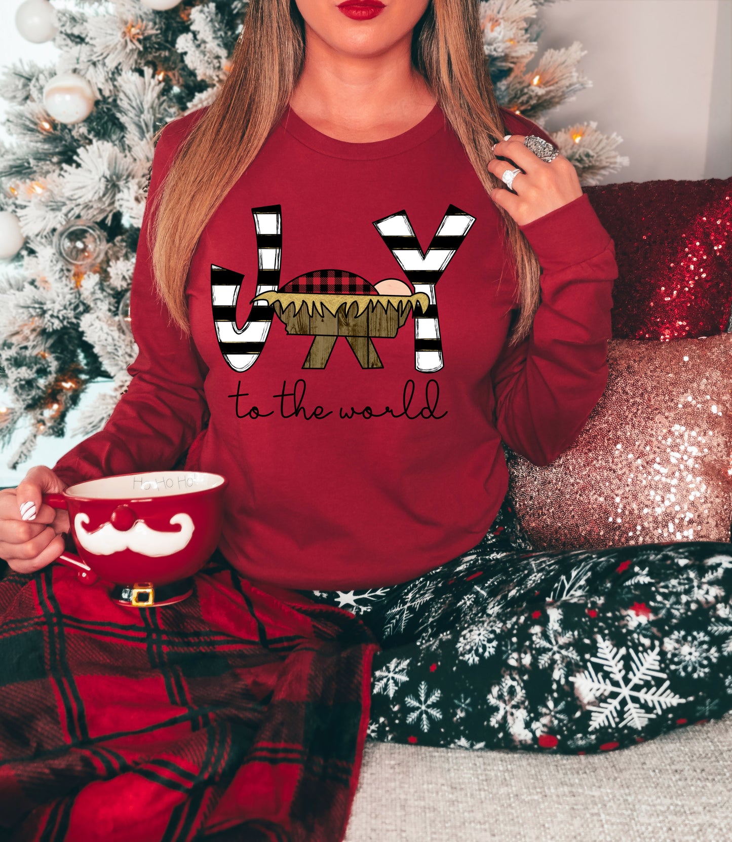 Cardinal Red Joy To The World Christmas Long Sleeve Bella Tee / Adult Christmas T-Shirt