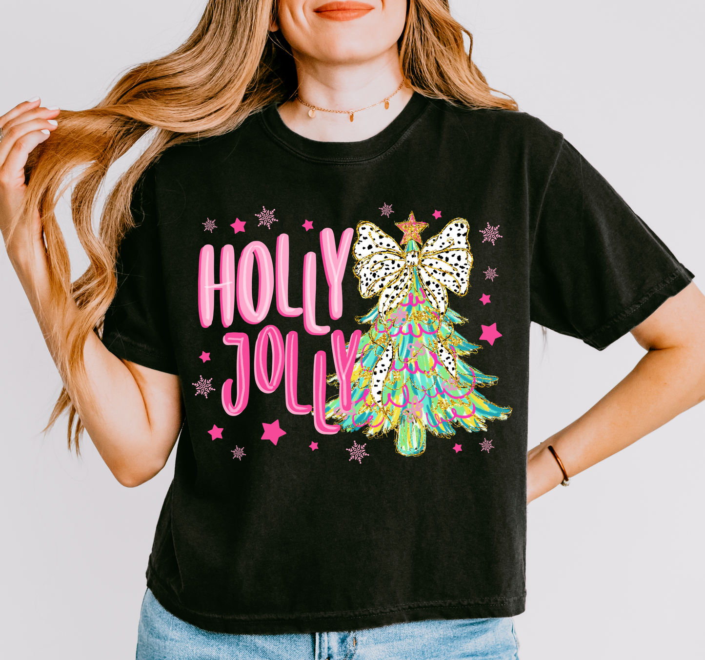 Cropped Comfort Colors Holly Jolly Christmas Tree Tee/ Direct To Film Transferred Faux Glitter Tee/ Adult Sizes