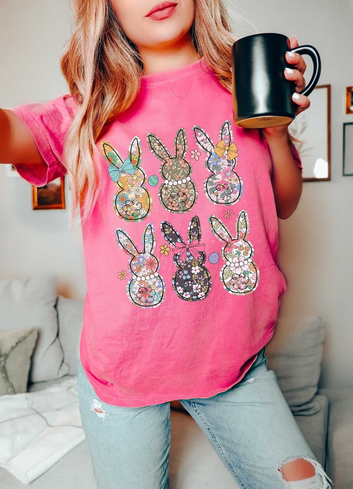 Pink Floral Bunnies Easter Shirt - Youth and Adult Sizes