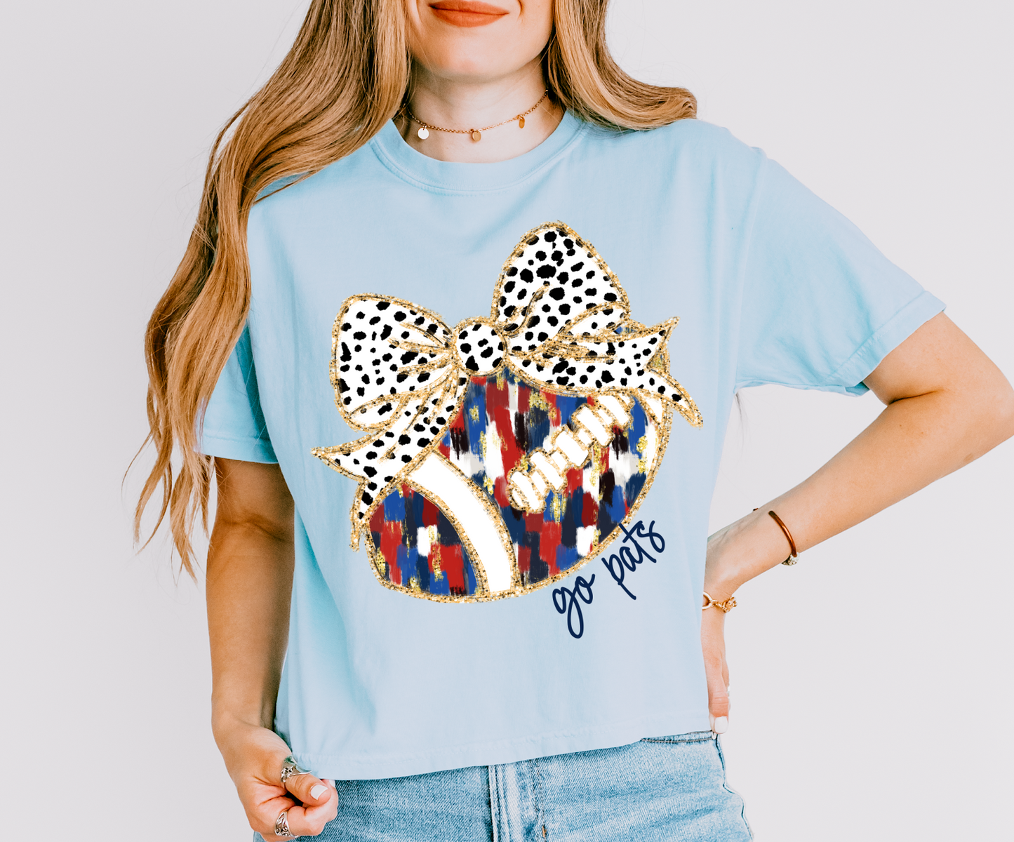 Cropped Comfort Colors Go Pats Football Bow Coquette Brush Strokes Tee/ Fall Shirt/Adult Shirts - Patriots