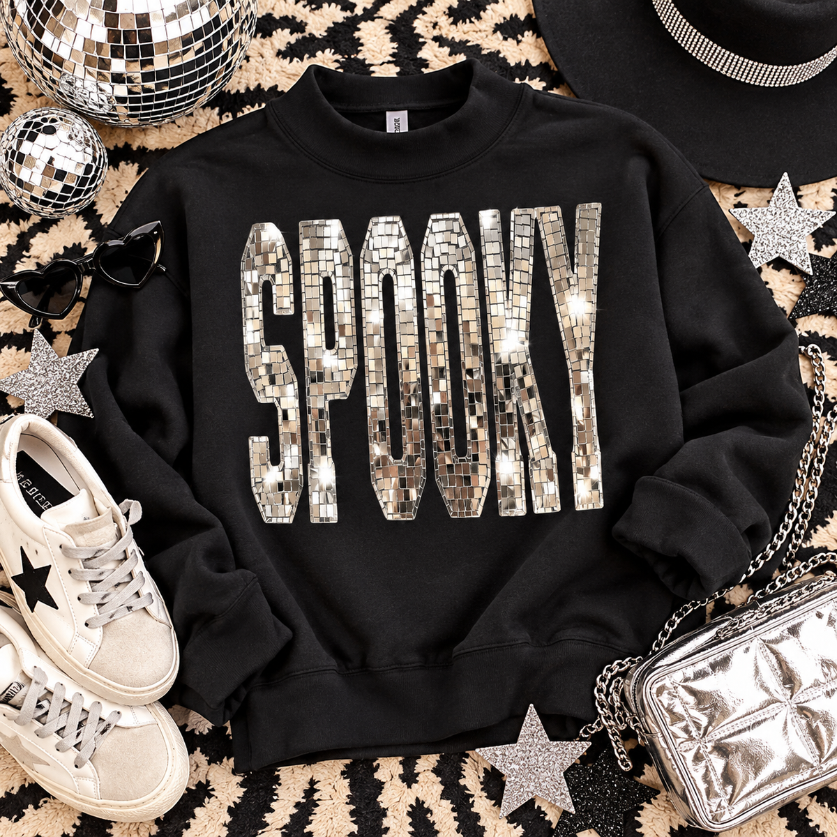 Spooky Mock Neck - Ships Fast - Faux Disco Ball Spooky Halloween Mock Neck Sweatshirt/ Adult Sizes
