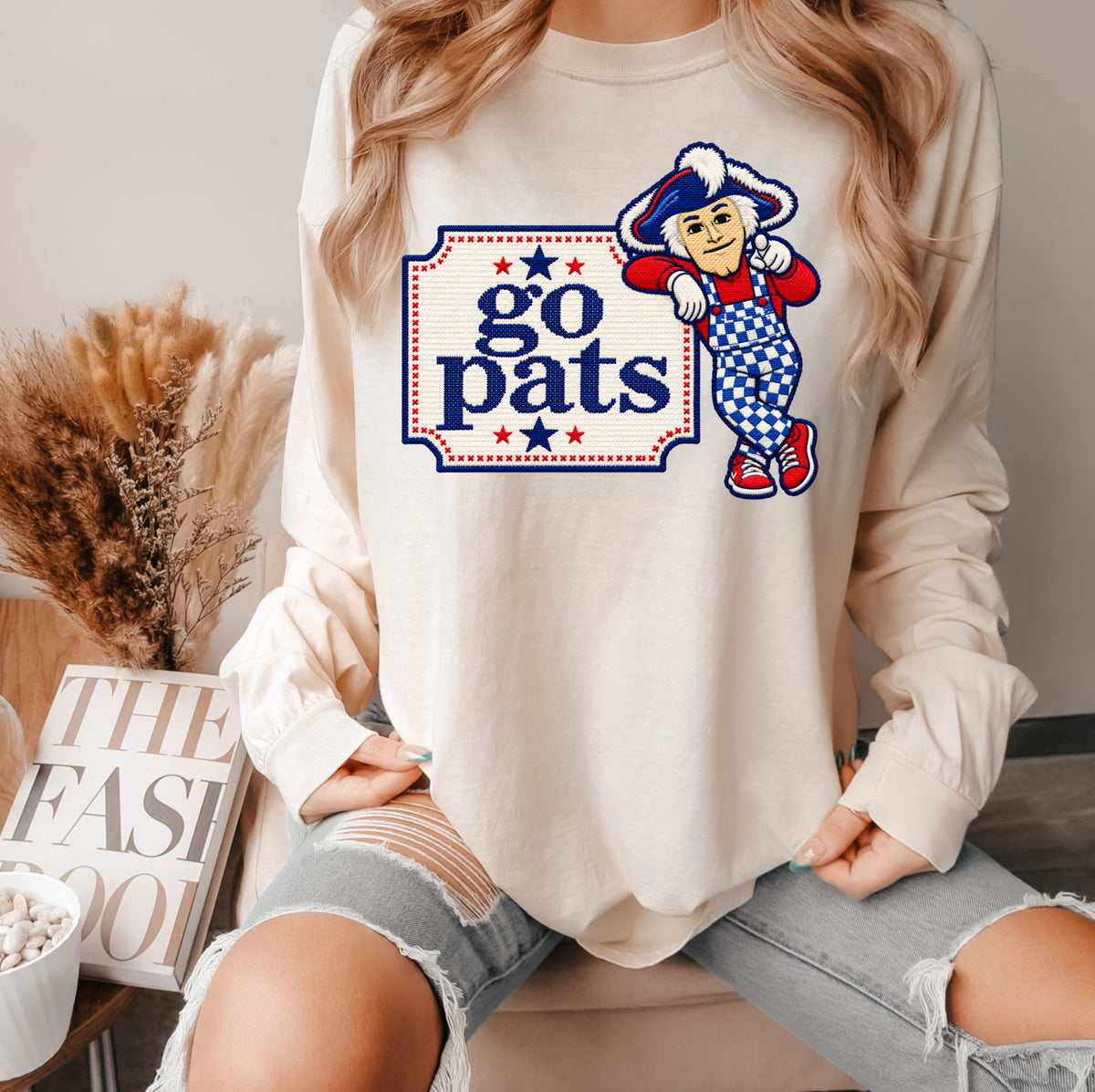Comfort Colors Faux Cross Stitch Long Sleeve Shirt/ Go Pats/ Patriots/ Adult Sizes