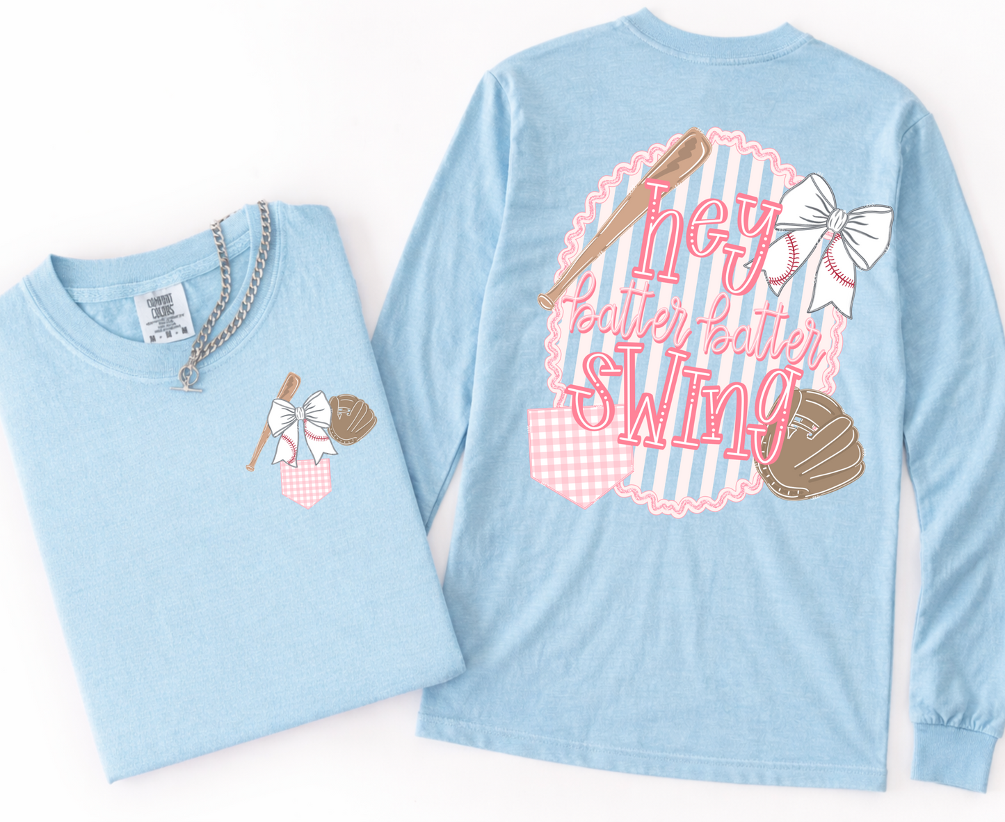 Long Sleeve Comfort Colors Preppy Hey Batter Batter Baseball Shirt/ Adult Sizes