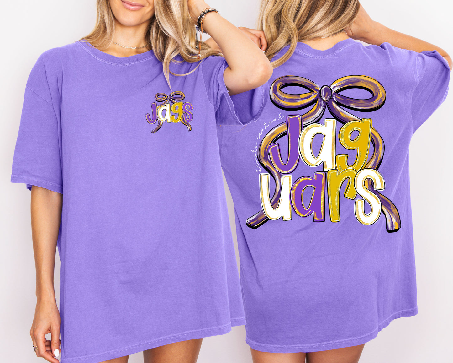 Front and Back Comfort Colors Purple and Gold DC Jags Shirt/ Desoto Central Jagars Shirt/ Youth and Adult Sizes