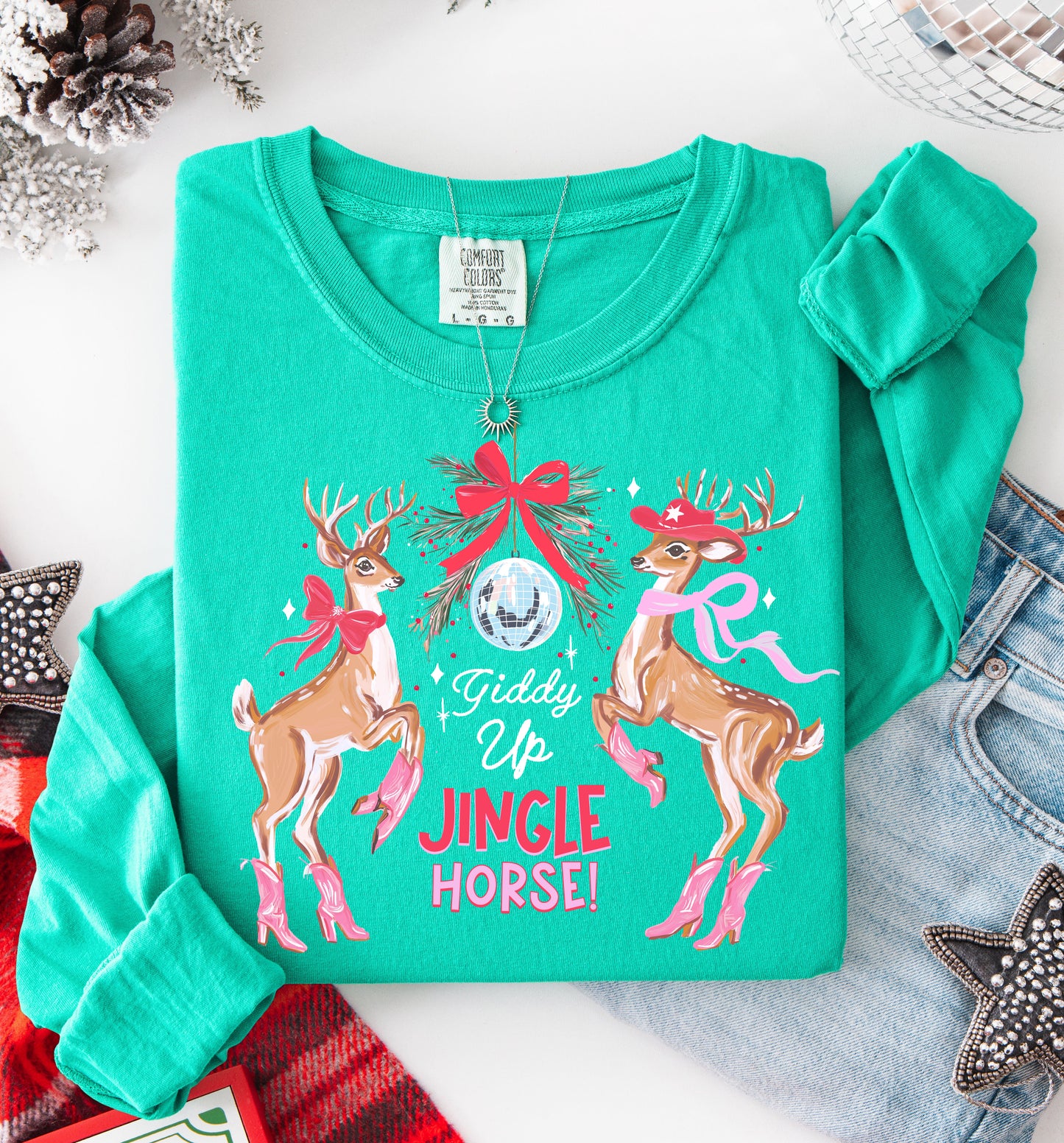 Long Sleeve Giddy Up Jingle Horse Tee/ Adult Sizes