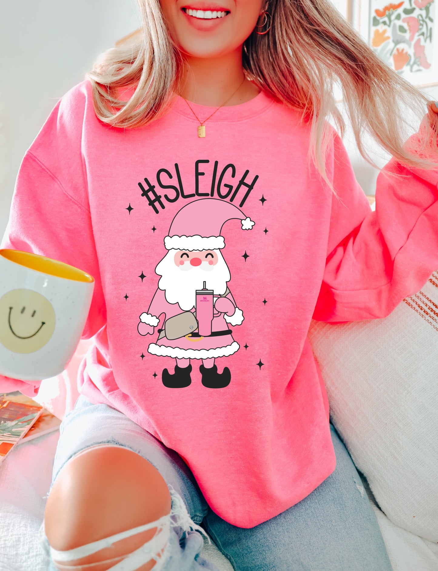 Pink Sleigh Santa Stanley Bumbag Sweatshirt- Youth and Adult Sizes - Christmas Shirt