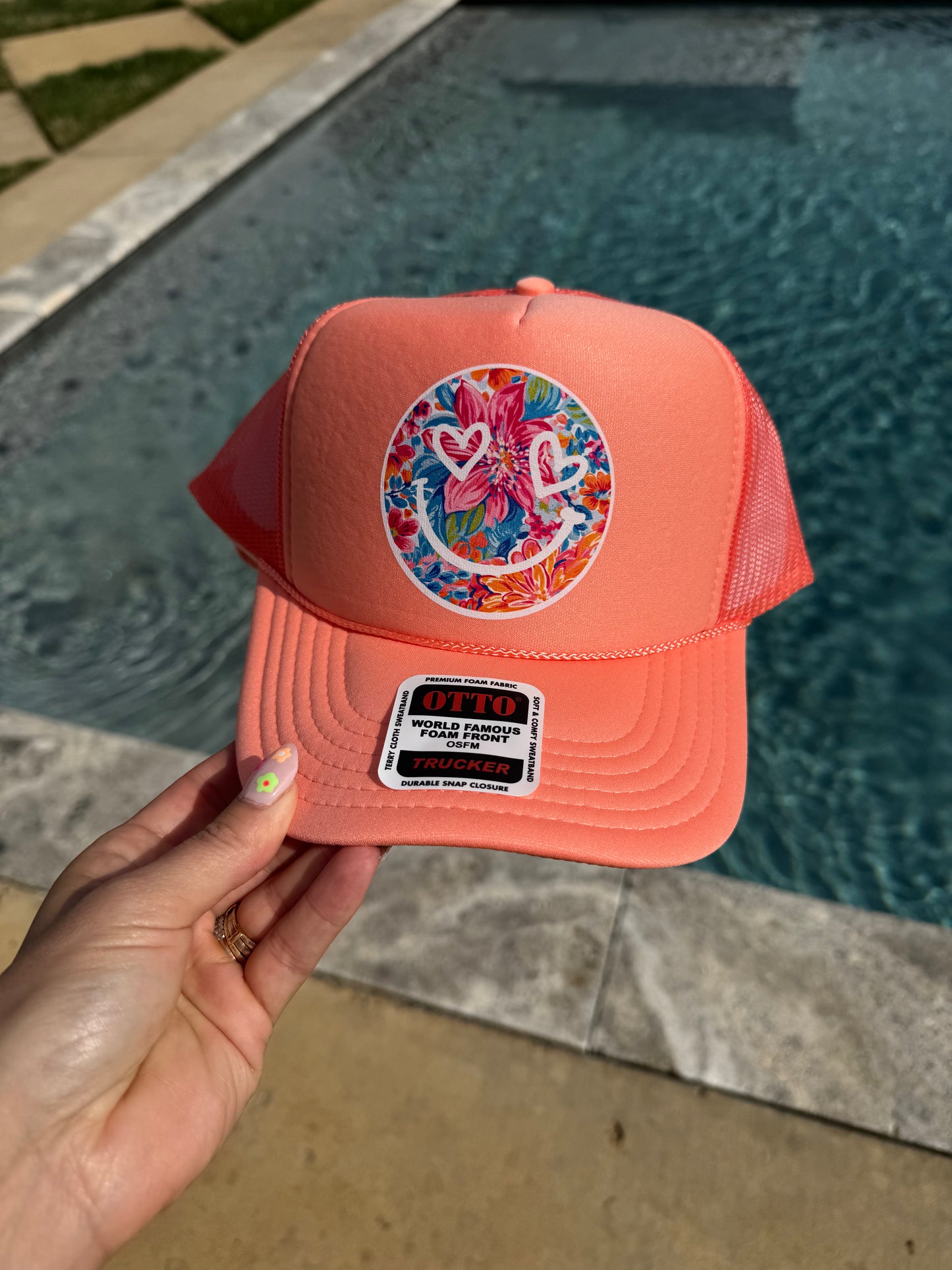 Coral Smiley Floral Trucker Hat/ Trucker Hat/ Funny Trucker Hats/Lake Day Hat / Beach Hat