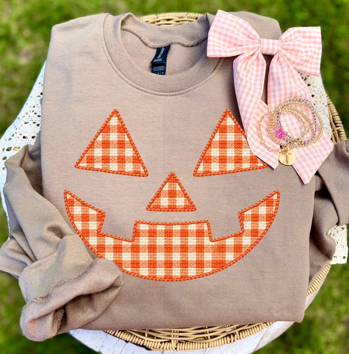 Cute Jack O Lantern Faux Gingham Shirt/ Halloween Sweatshirt/Adult Sizes
