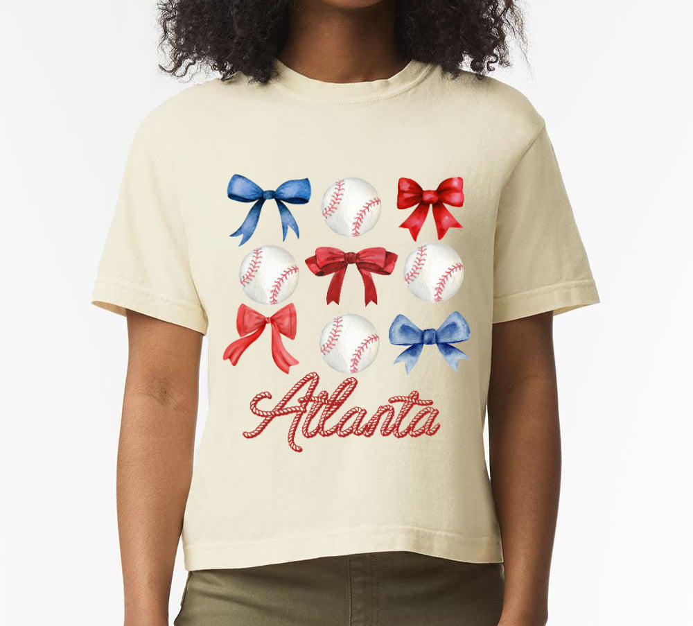 Atlanta Coquette Baseball Bows Tee - Comfort Colors CROP tee - Adult Sizes