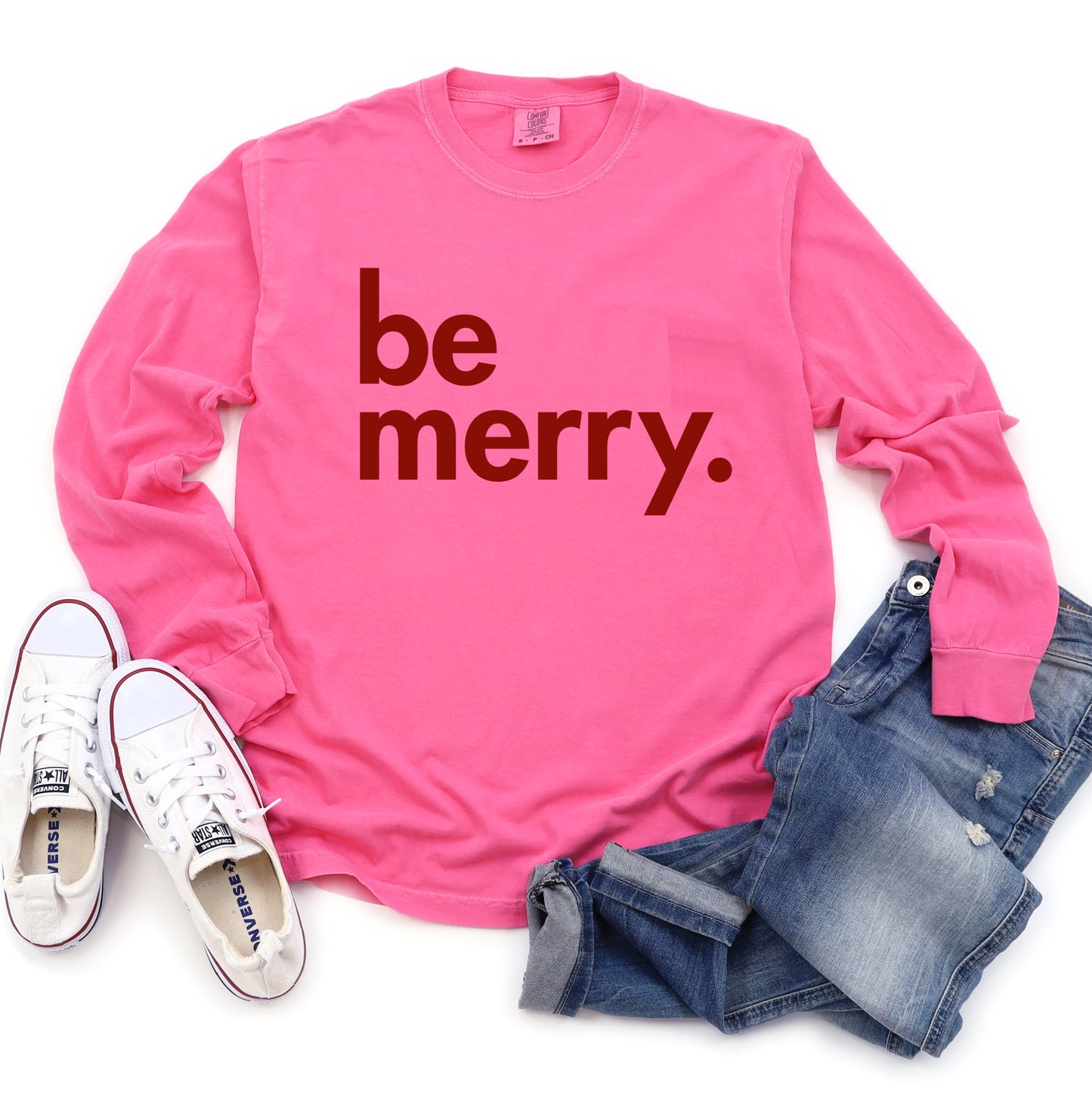 Comfort Colors Long Sleeved Pink Be Merry Tee - Youth and Adult Sizes - Christmas Shirt
