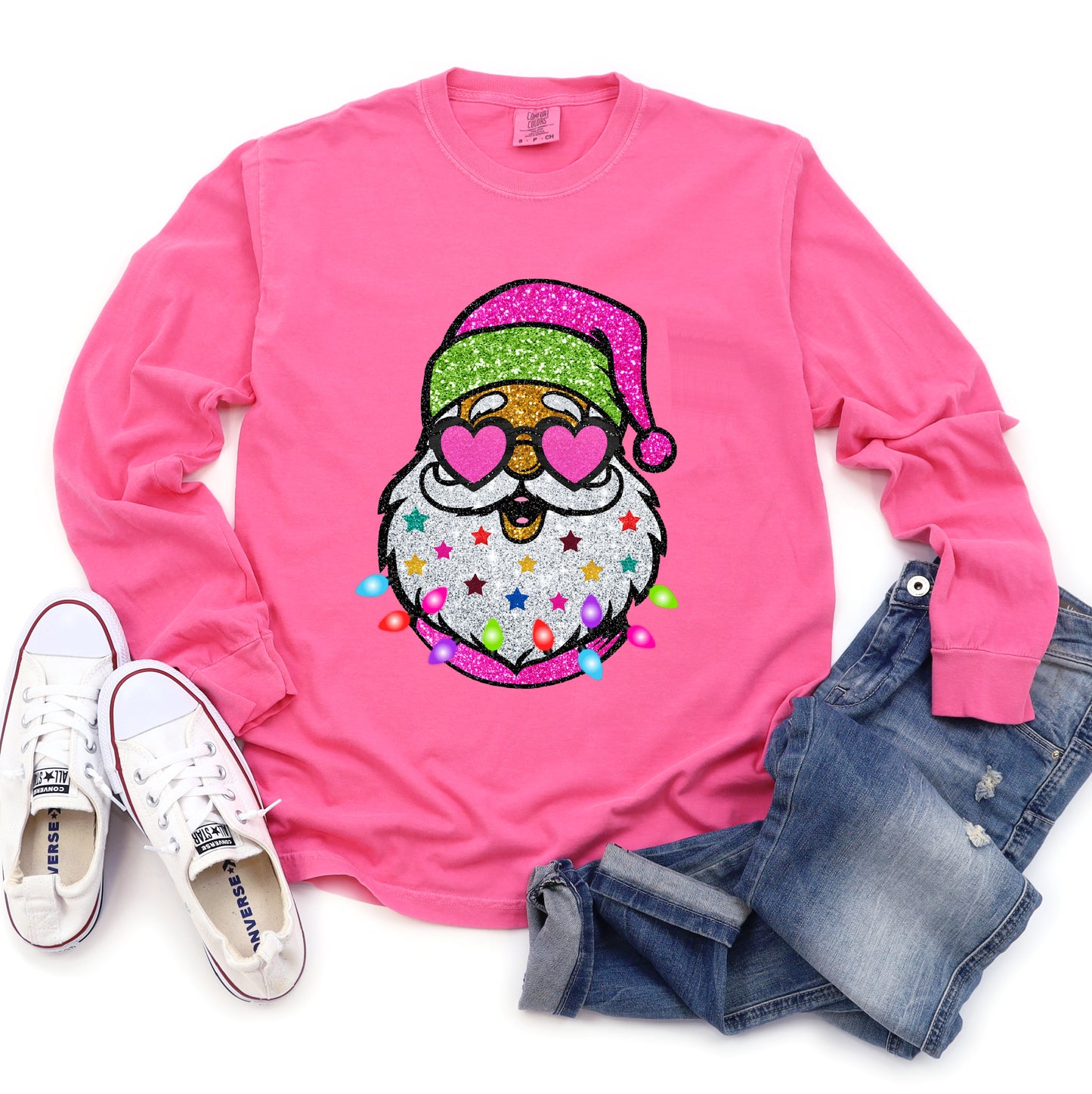 Comfort Colors Long Sleeved Pink Santa Tee - Youth and Adult Sizes - Christmas Shirt/ DTF Print