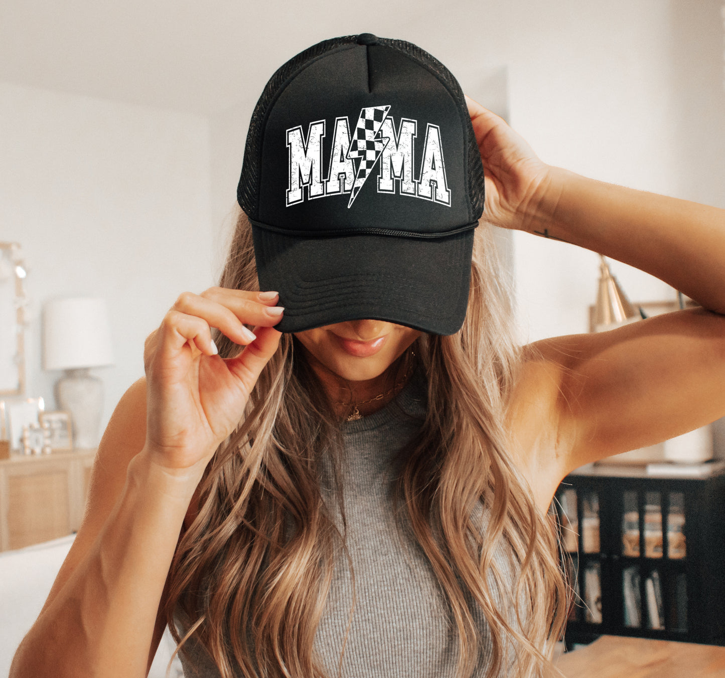 Mama Checkered Lightning Bolt Trucker Hat