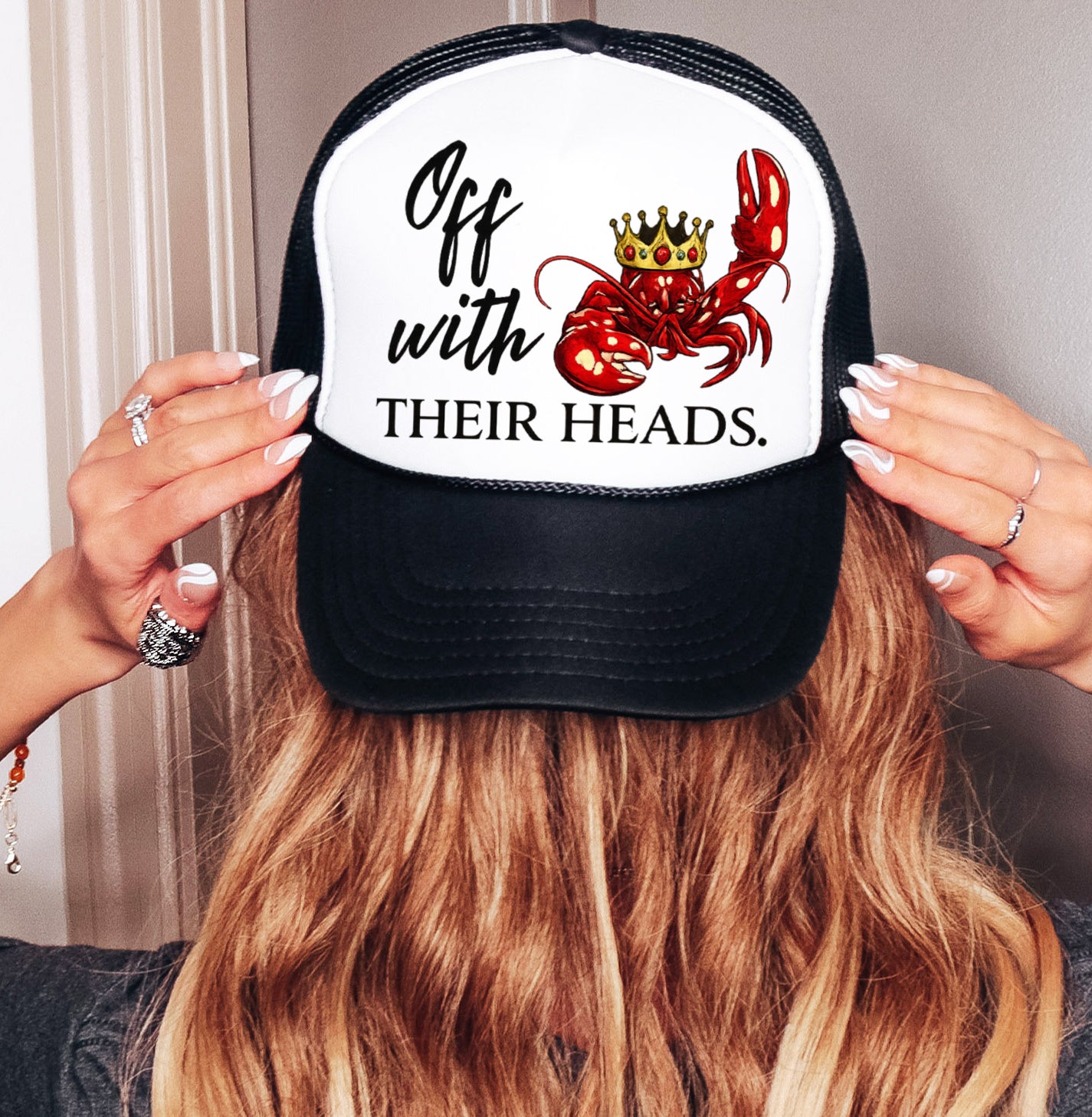Off With Their Heads - Funny Crawfish Trucker Hat - Black with White