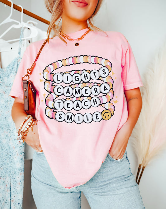 Pink Comfort Colors or Bella Canvas Lights, Camera, Teach, Smile School Shirt/ Teachers Shirts