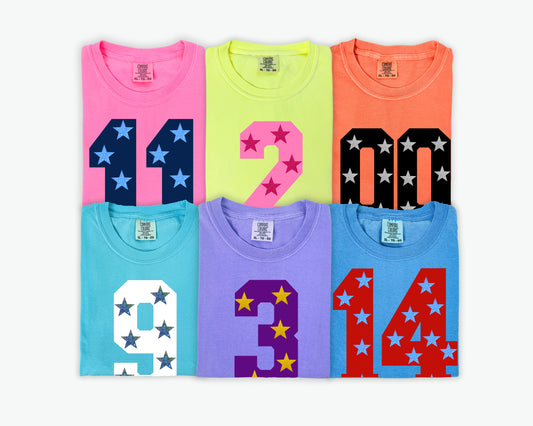 Custom Spirit Shirts - All Sports - Numbers with Faux Glitter Stars/ Comfort Colors or Bella Canvas Options