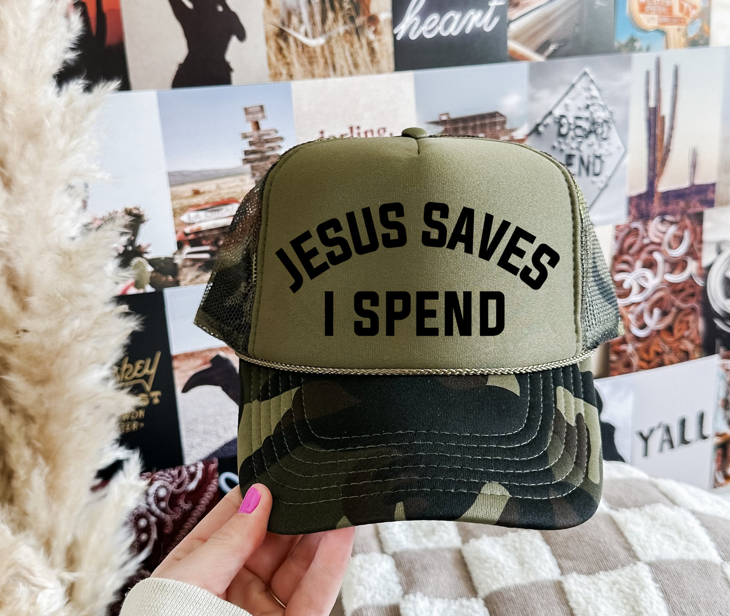Camo Jesus Saves I Spend Trucker Hat/ Trucker Hats/ Gifts for Her