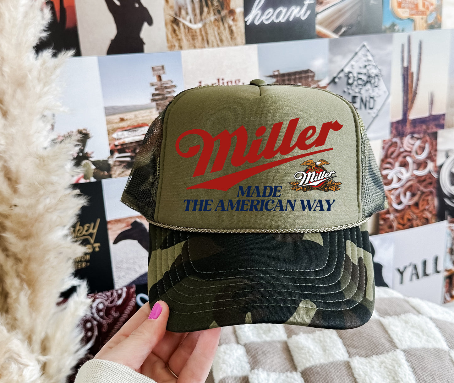 Camo Miller Trucker Hat/ Gifts for Her/ Vintage Beer Style Hat
