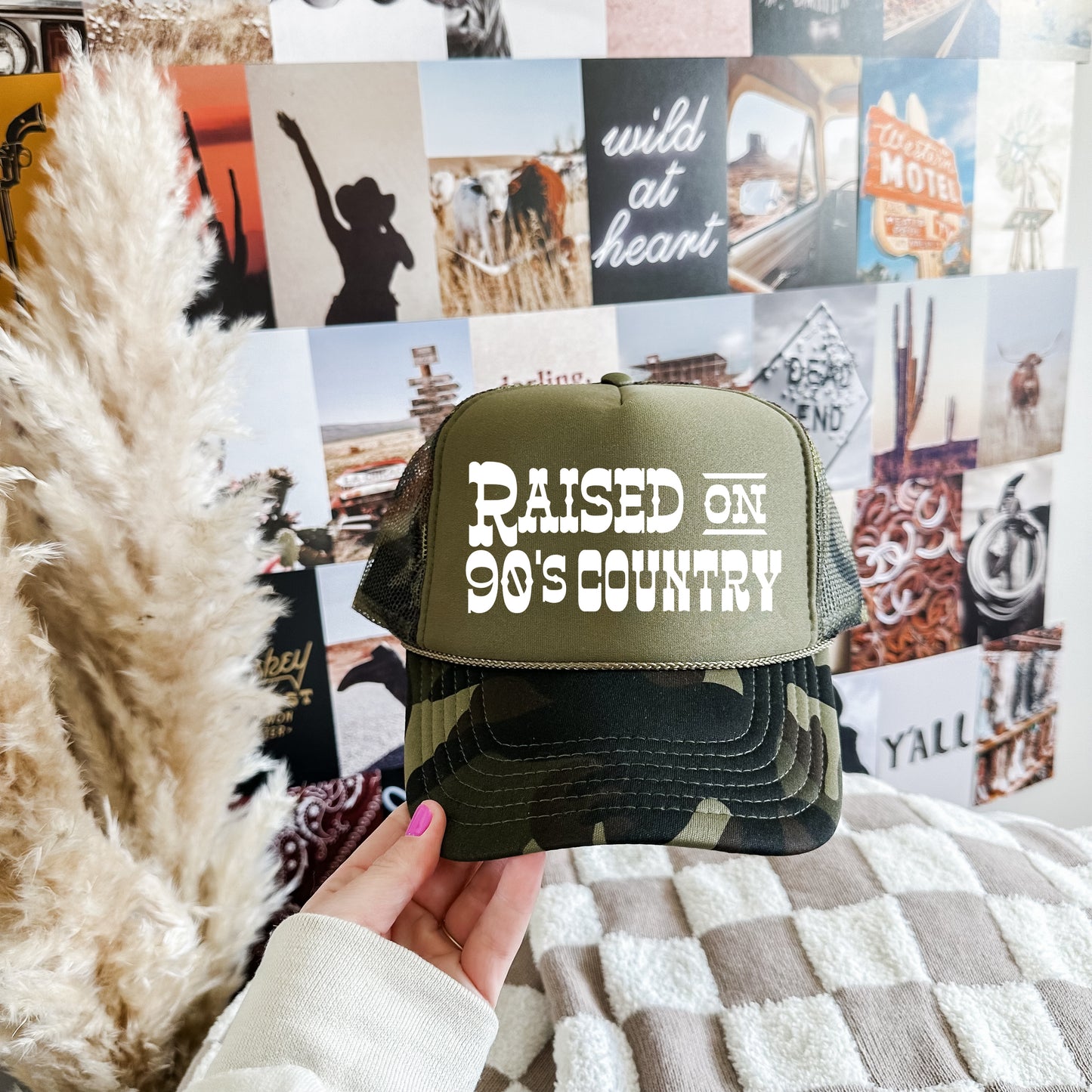Camo Raised on 90's Country Otto Cap/ Western Style Trucker Hat /Gifts for Her