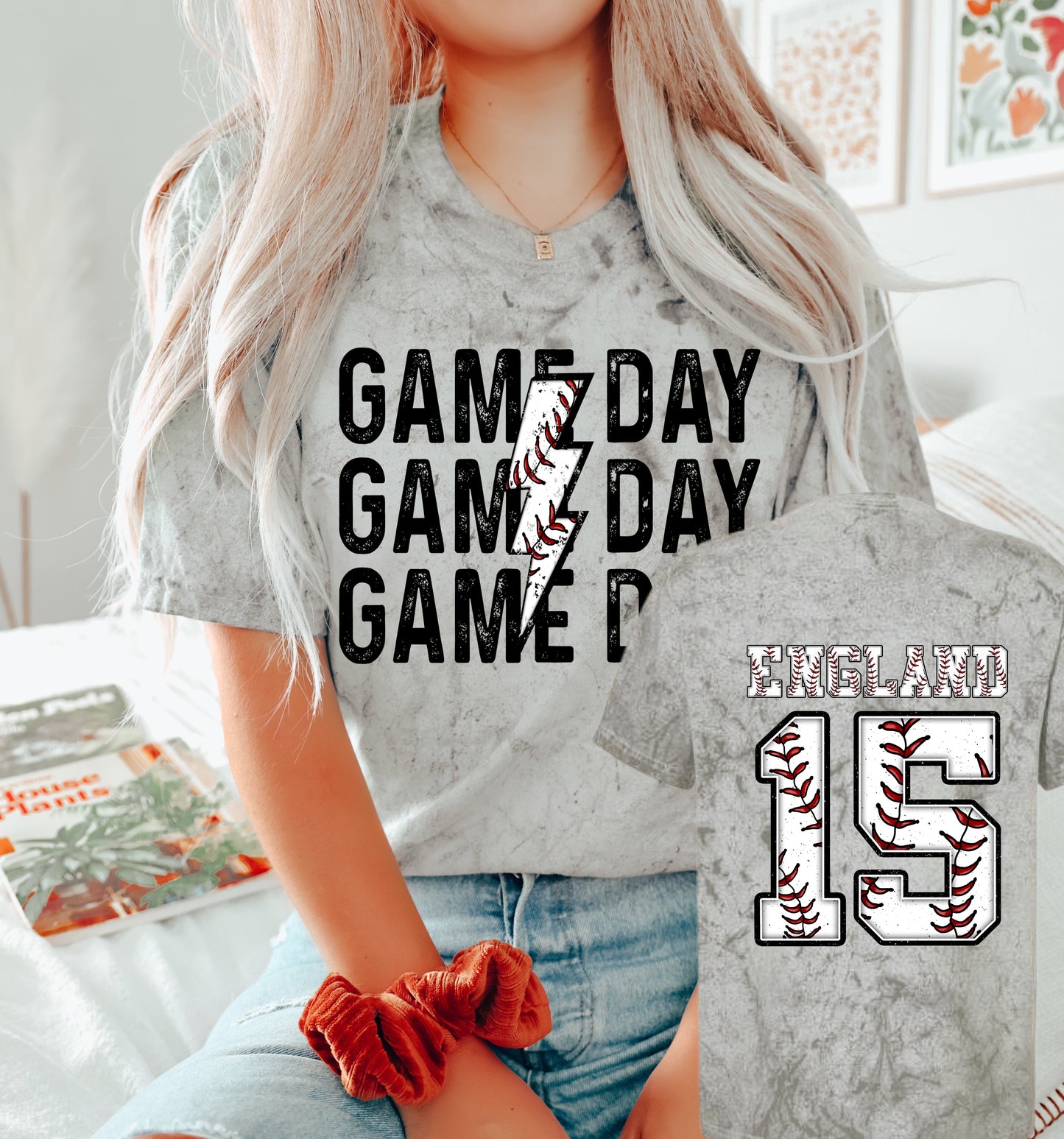 Front/Back Comfort Colors Color Blast Baseball Game Day Lightning Bolt With Name Tee/ Baseball Mom Shirt
