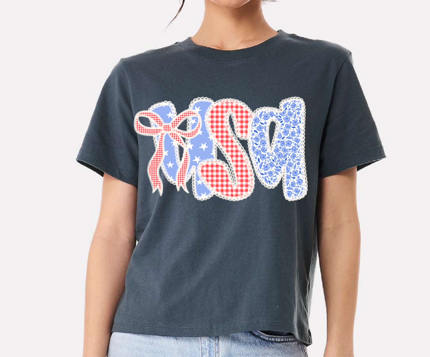 Navy Boxy Crop USA Preppy Bow Tee / Memorial Day or July 4th Tee/ 4th Of July