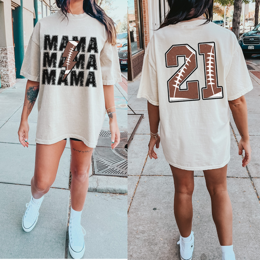 Ivory Front/Back Comfort Colors or Bella Canvas Football Mama Lightning Bolt With Number Tee/ Football Mom Shirt