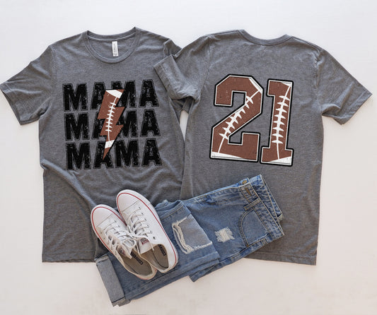 Front/Back Comfort Colors or Bella Canvas Football Mama Lightning Bolt With Number Tee/ Football Mom Shirt