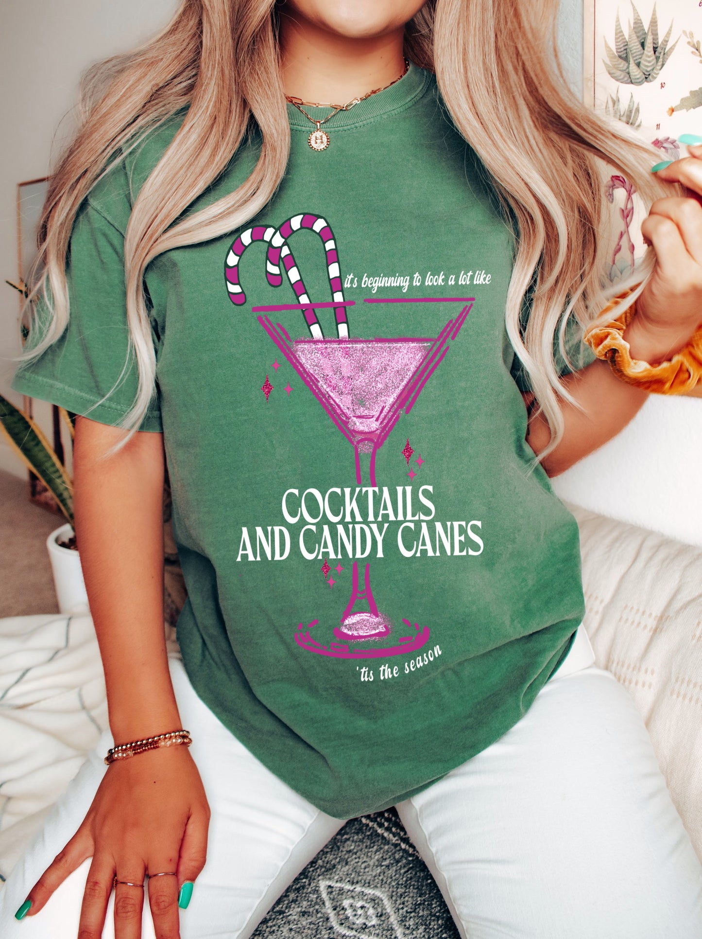Gildan Softstyle or Comfort Colors Cocktails and Candy Canes Tee/ Direct To Film Transfered Faux Glitter Tee