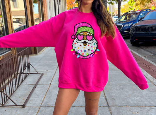 Santa Sweatshirt/ Christmas Sweatshirt/ Youth and Adult Sizes - DTF Print / Faux Glitter