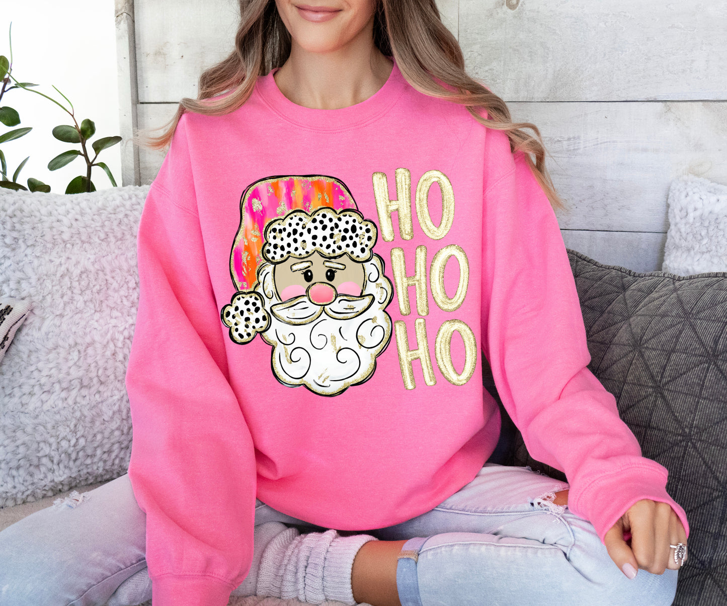 Gildan Bright Pink Santa Ho Ho Ho Christmas Sweatshirt/ Direct To Film Transferred Faux Glitter Sweatshirt/ Youth and Adult Sizes