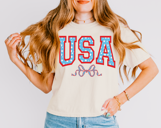 CROPPED Comfort Colors USA America Bow Crop Tee -July 4th Shirt/ Memorial Day Shirt