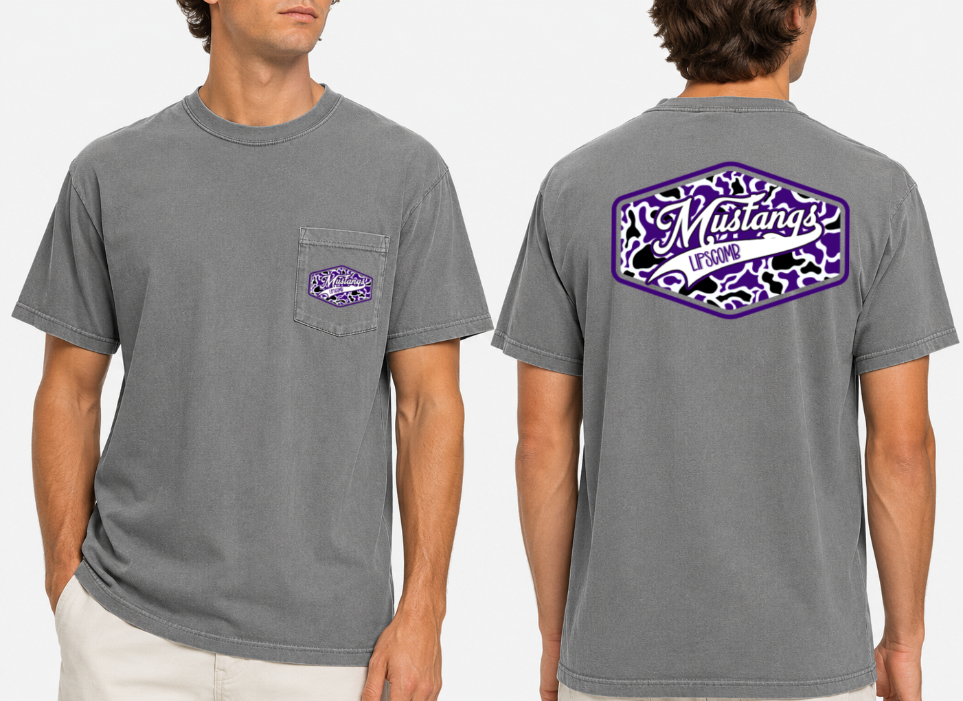 Comfort Colors Front/Back Camo Print Lipscomb Mustangs Tee/ Youth and Adult Sizes (Youth Sizes will NOT Have A Pocket)