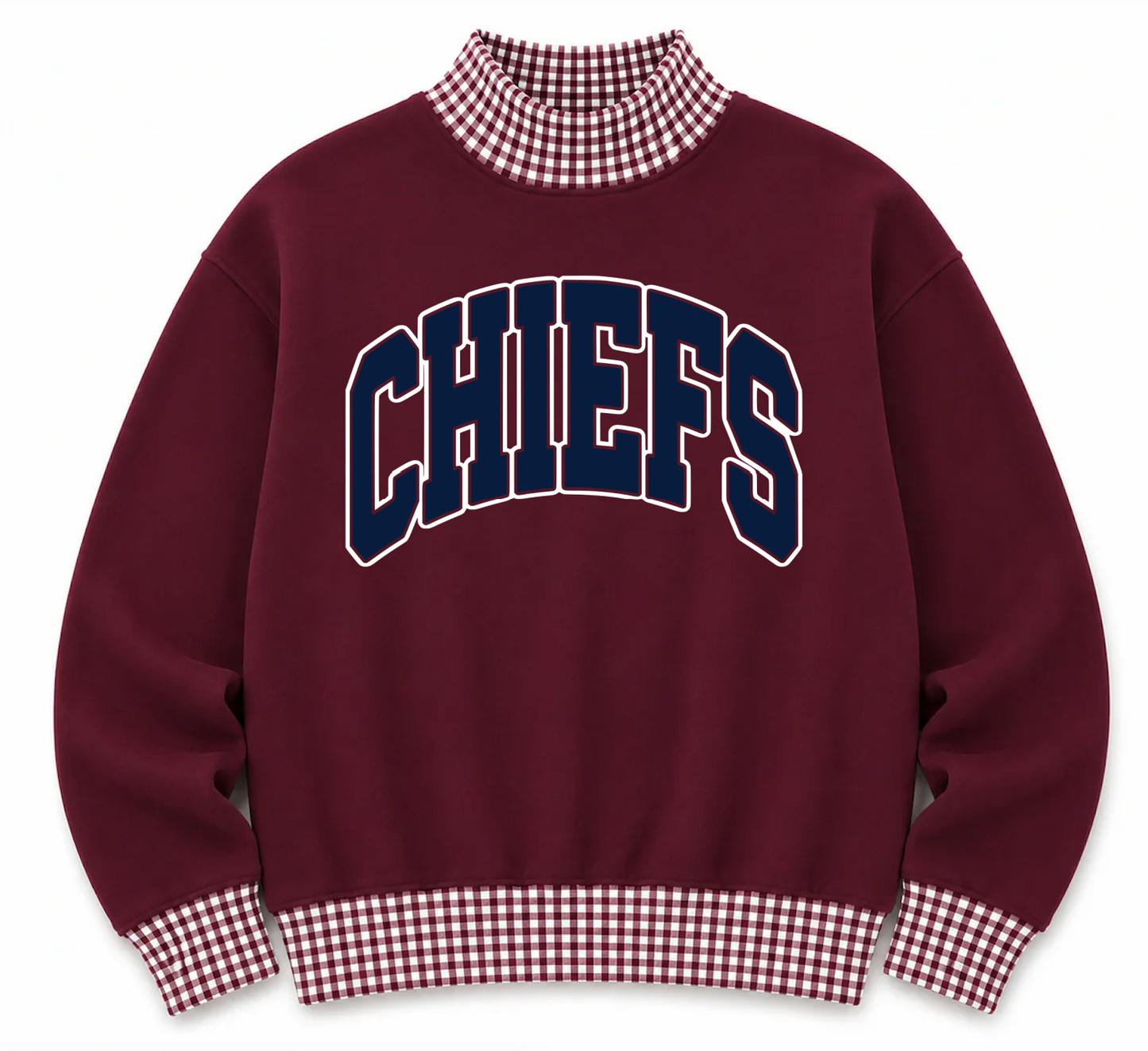 Gingham School Spirit Magnolia Heights Chiefs or Any Other Mascot/Team Mock Neck Sweatshirt - Completely Customizable/ Game Day Sweatshirts