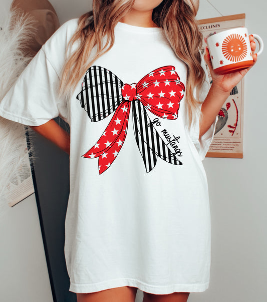 Bella or Comfort Colors Bow Go Mustangs Short Sleeved Tee/Youth and Adult Sizes / Houston Mustangs/ Center Hill Mustangs