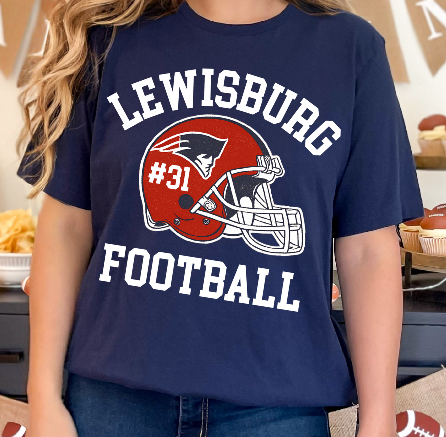 Lewisburg Football Helmet Shirt with Number/ Comfort Colors or Gildan Softstyle Tee/ Youth and Adult Sizes