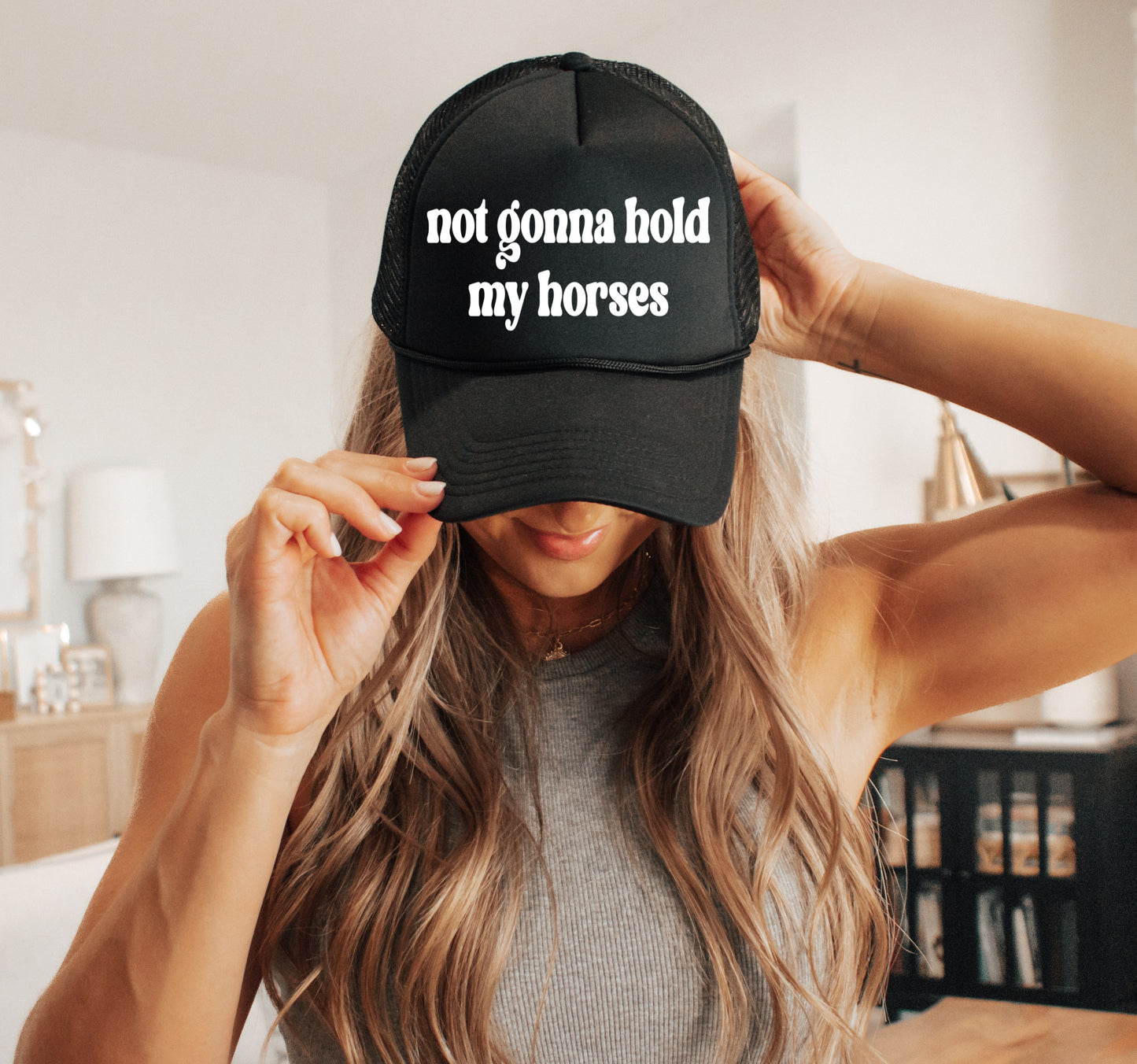 Tan Not Gonna Hold My Horses Country Western Style Trucker Hat