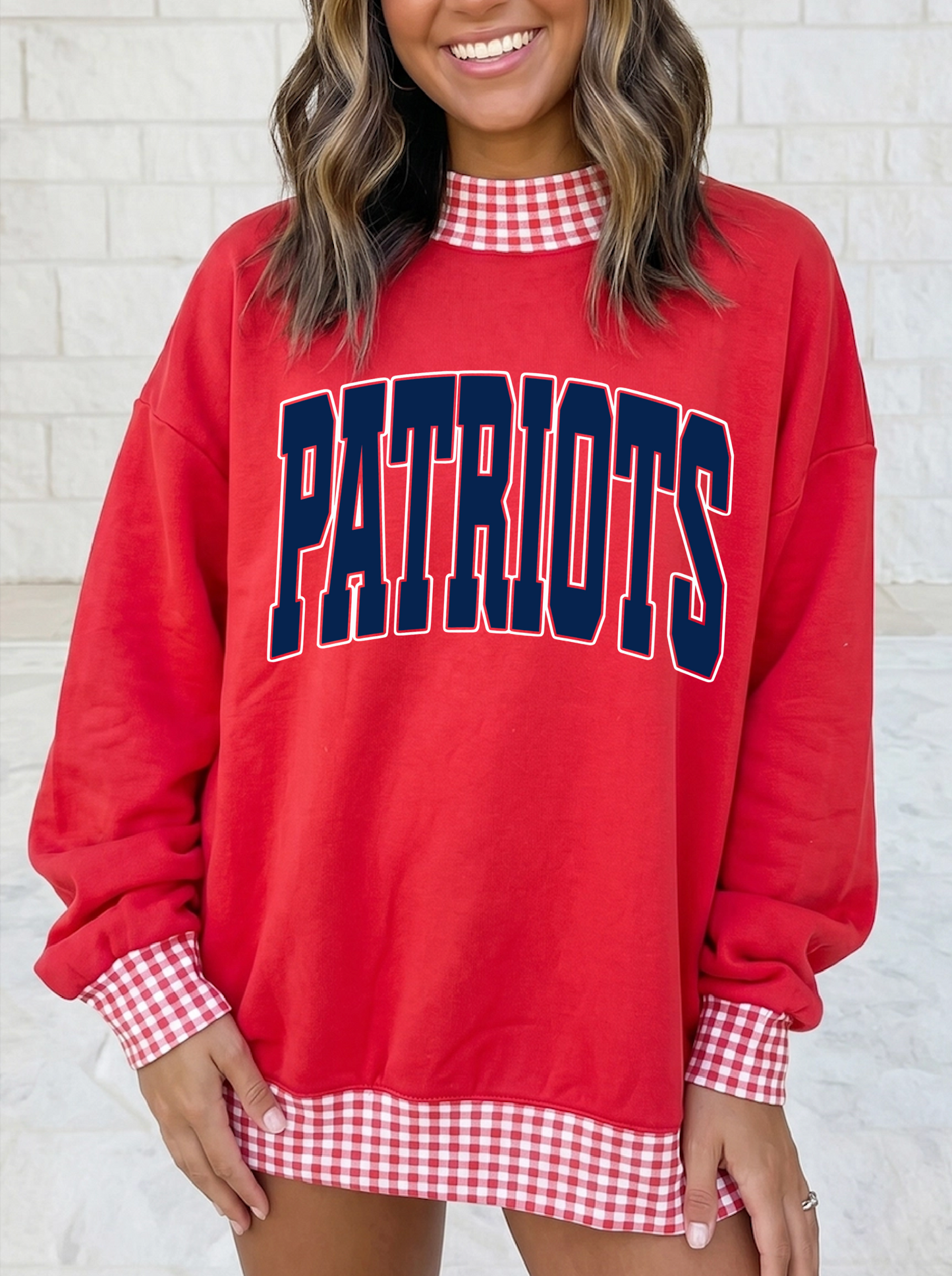 Gingham School Spirit Patriots or Any Mascot/Team Mock Neck Sweatshirt - Completely Customizable/ Game Day Sweatshirts