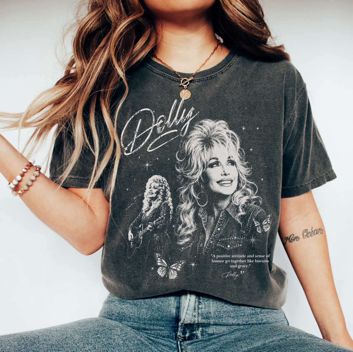 Comfort Colors A Good Attitude and a Good Sense of Humor Go Together Like Biscuits and Gravy Dolly Print Shirt/ Youth and Adult Sizes