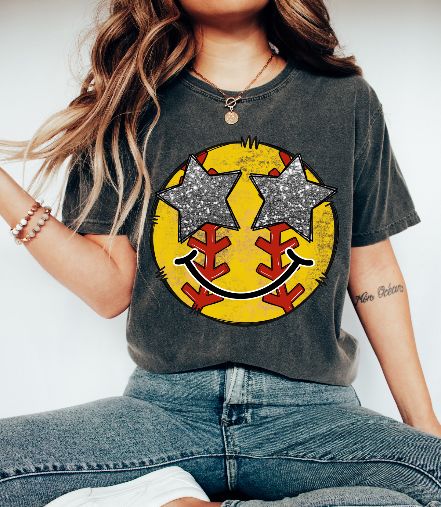 Bella Canvas or Comfort Colors Softball Smiley Star Eyes Print Tee/ Quality Retro Tee