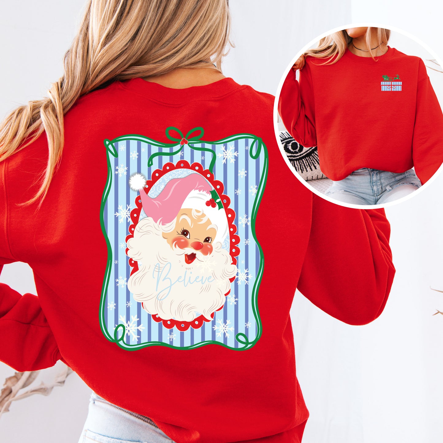 Cute Front/Back Santa Retro Gildan or Bella Christmas Sweatshirt/ Holiday Sweatshirt/ Youth and Adult Sizes