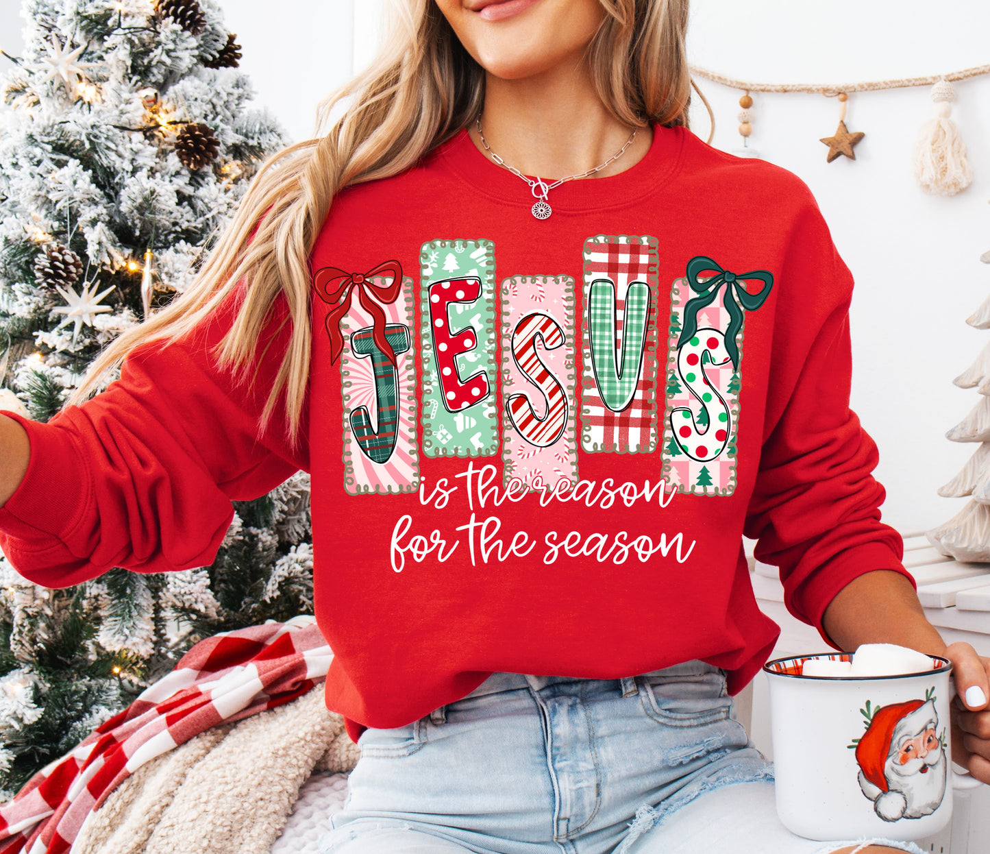 Jesus Is The Reason For The Season Coquette Bow Gildan or Bella Christmas Sweatshirt/ Holiday Sweatshirt/ Youth and Adult Sizes