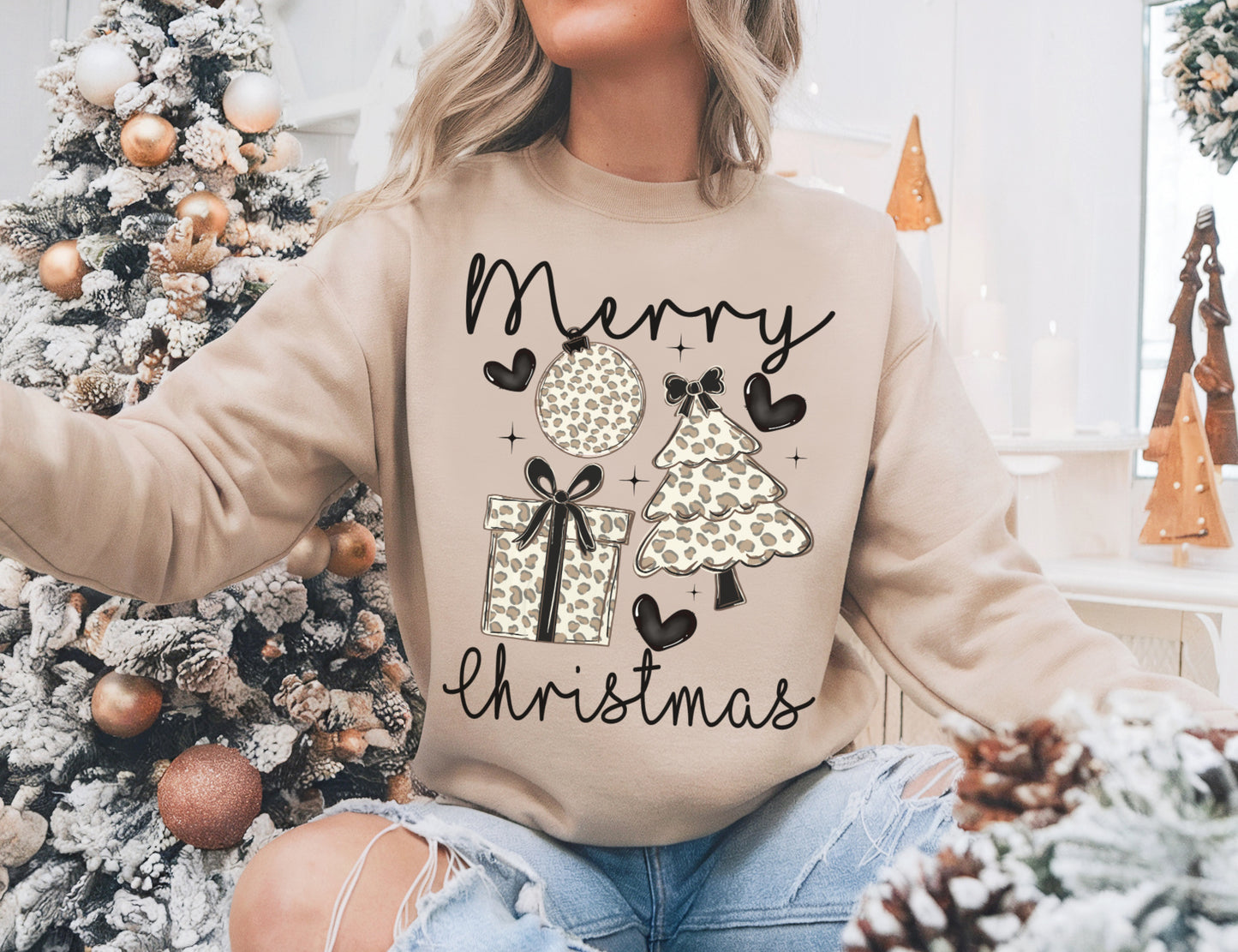Merry Christmas Leopard Print Gildan or Bella Christmas Sweatshirt/ Holiday Sweatshirt/ Youth and Adult Sizes