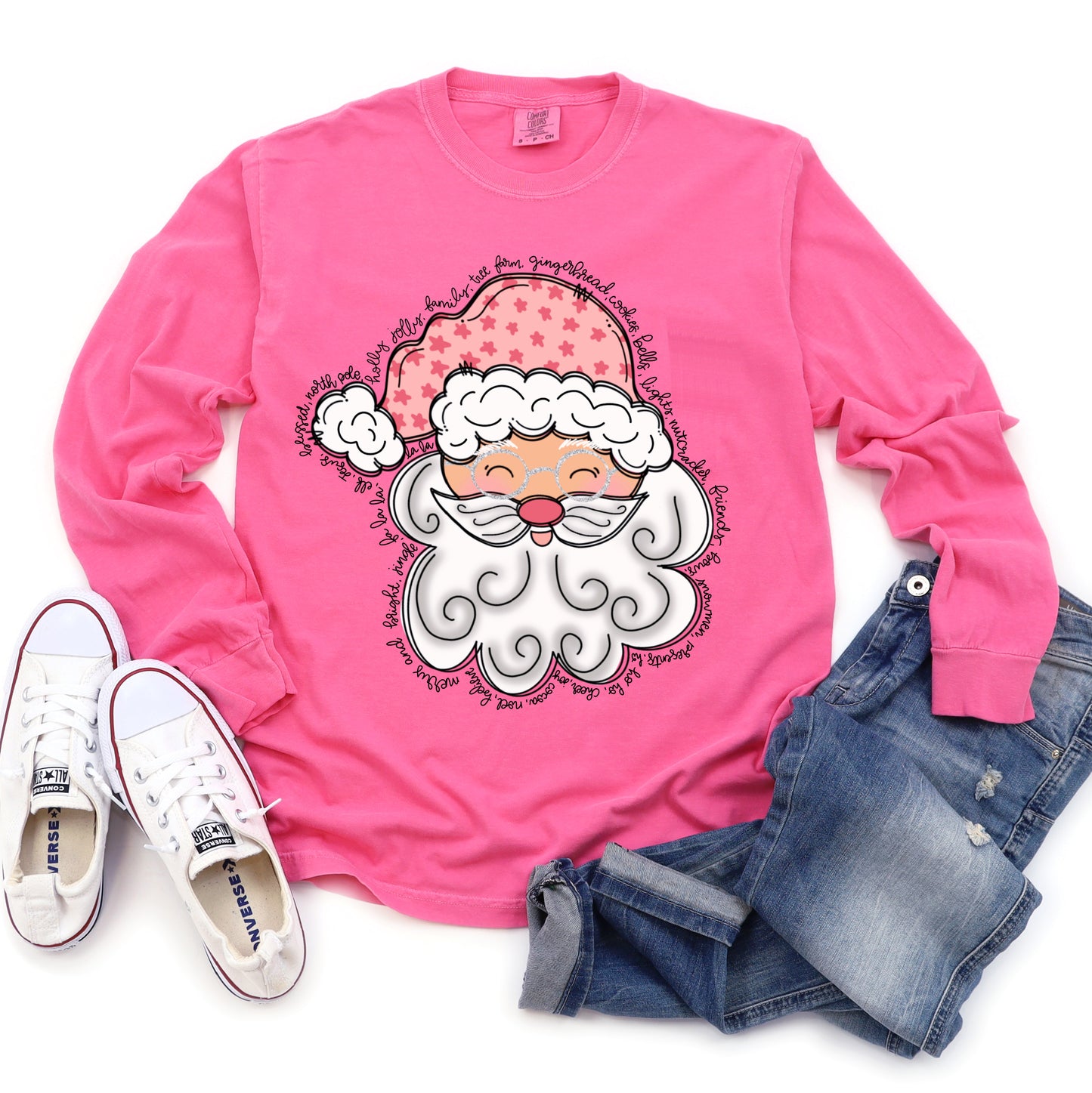 Comfort Colors Long Sleeved Pink Santa Tee - Youth and Adult Sizes - Christmas Shirt