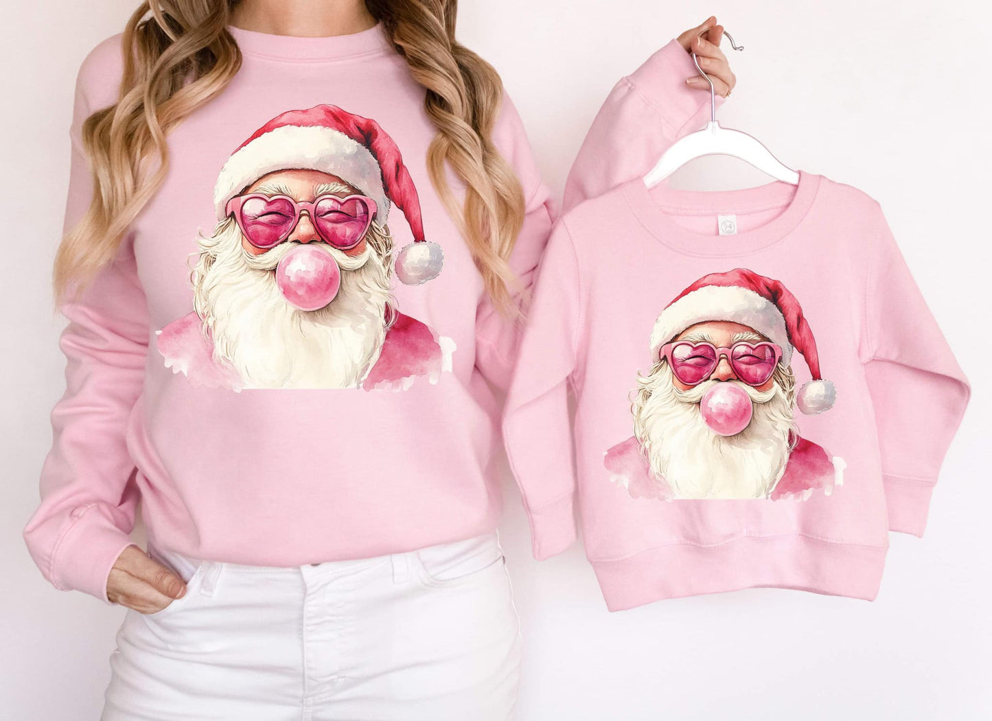 Gildan or Bella Light Pink Santa Bubble Gum Christmas Sweatshirt/ Direct To Film Transferred Faux Glitter Sweatshirt/ Youth and Adult Sizes