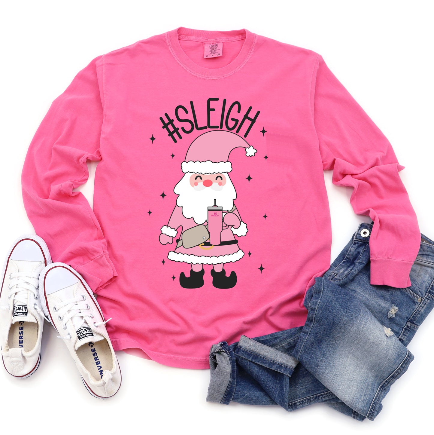 Comfort Colors Long Sleeved Pink Sleigh Santa Stanley Bumbag Tee - Youth and Adult Sizes - Christmas Shirt