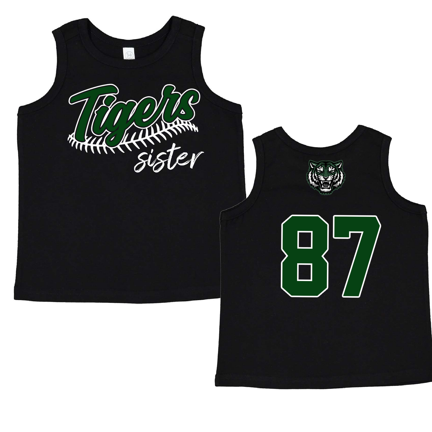 Tigers Baseball Sister Tank with Number- Front/ Back Printed - Toddler/Youth/ Adult Sizing - Black Color