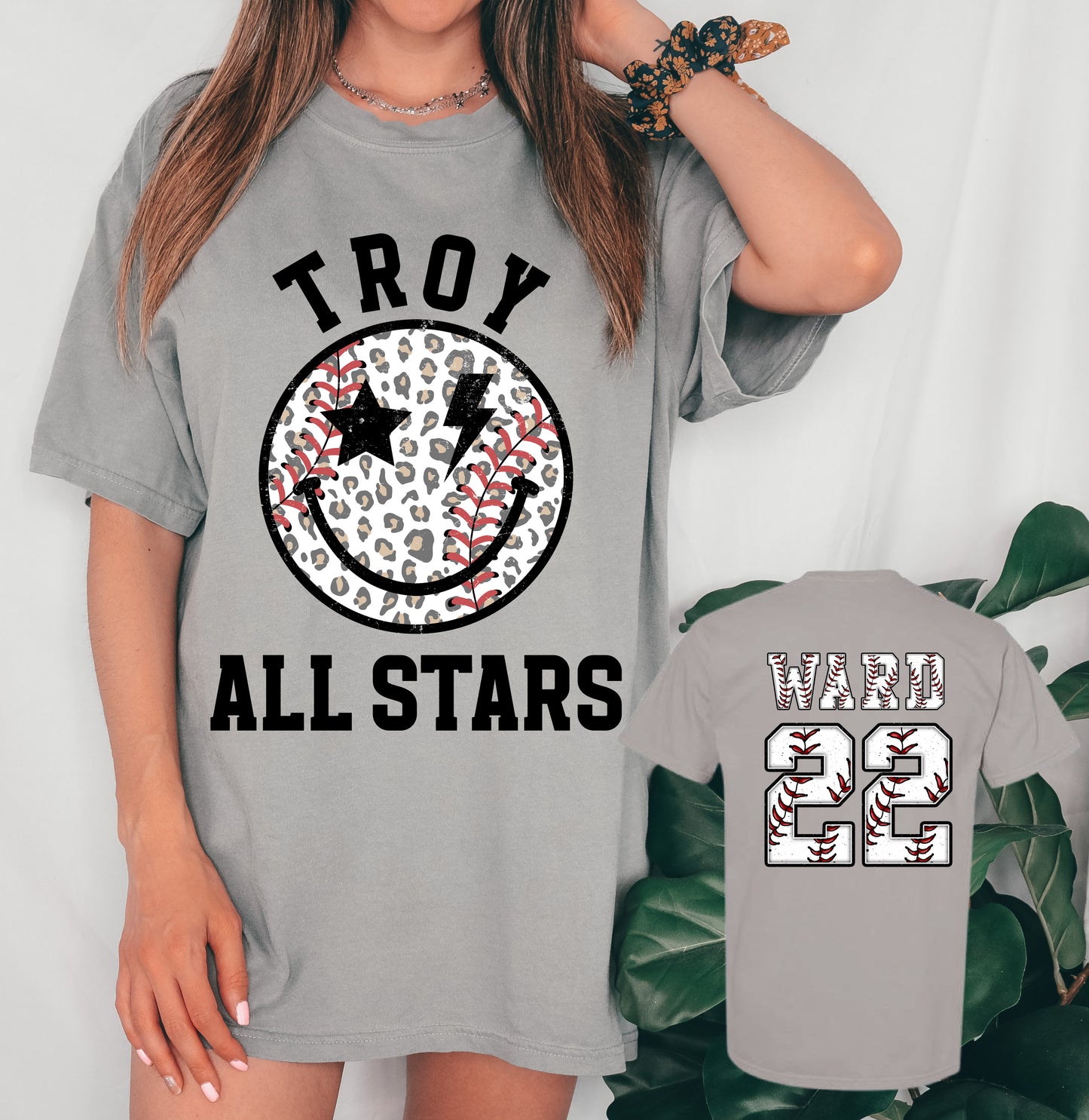 Front and Back Printed Troy Baseball Leopard Tee/ Bella or Comfort Colors / Troy Baseball Little League Shirts