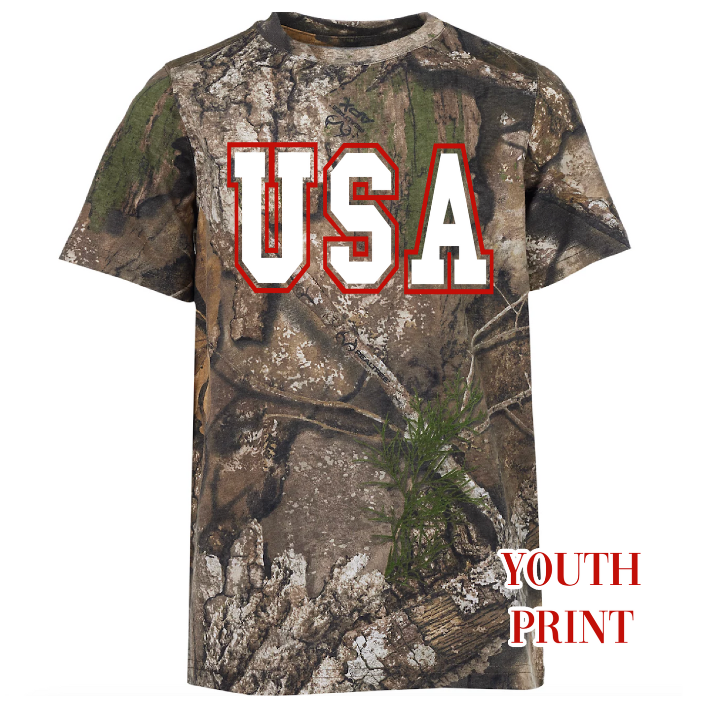 Camo USA Tee/ Either Mossy Oak New Bottomland or Real Tree Max Print
