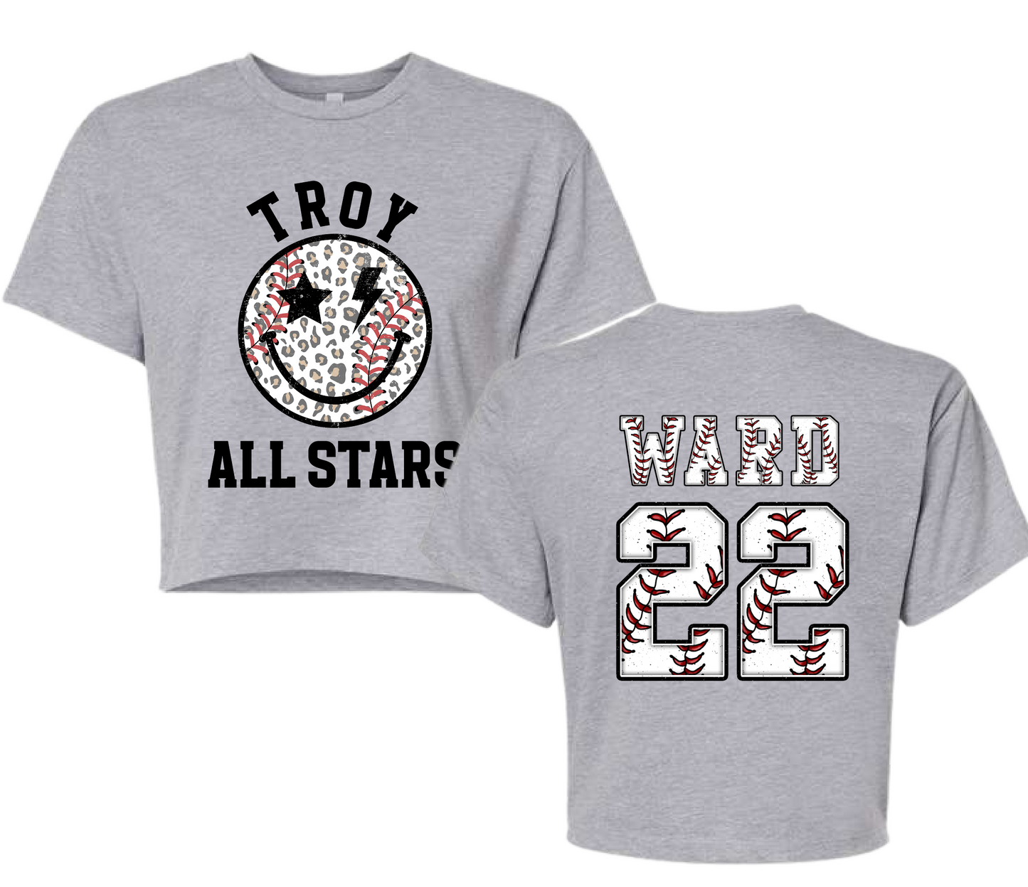 Front and Back Printed Troy Baseball Leopard Cropped Tee/ Adult Sizing / Troy Baseball Little League Shirts