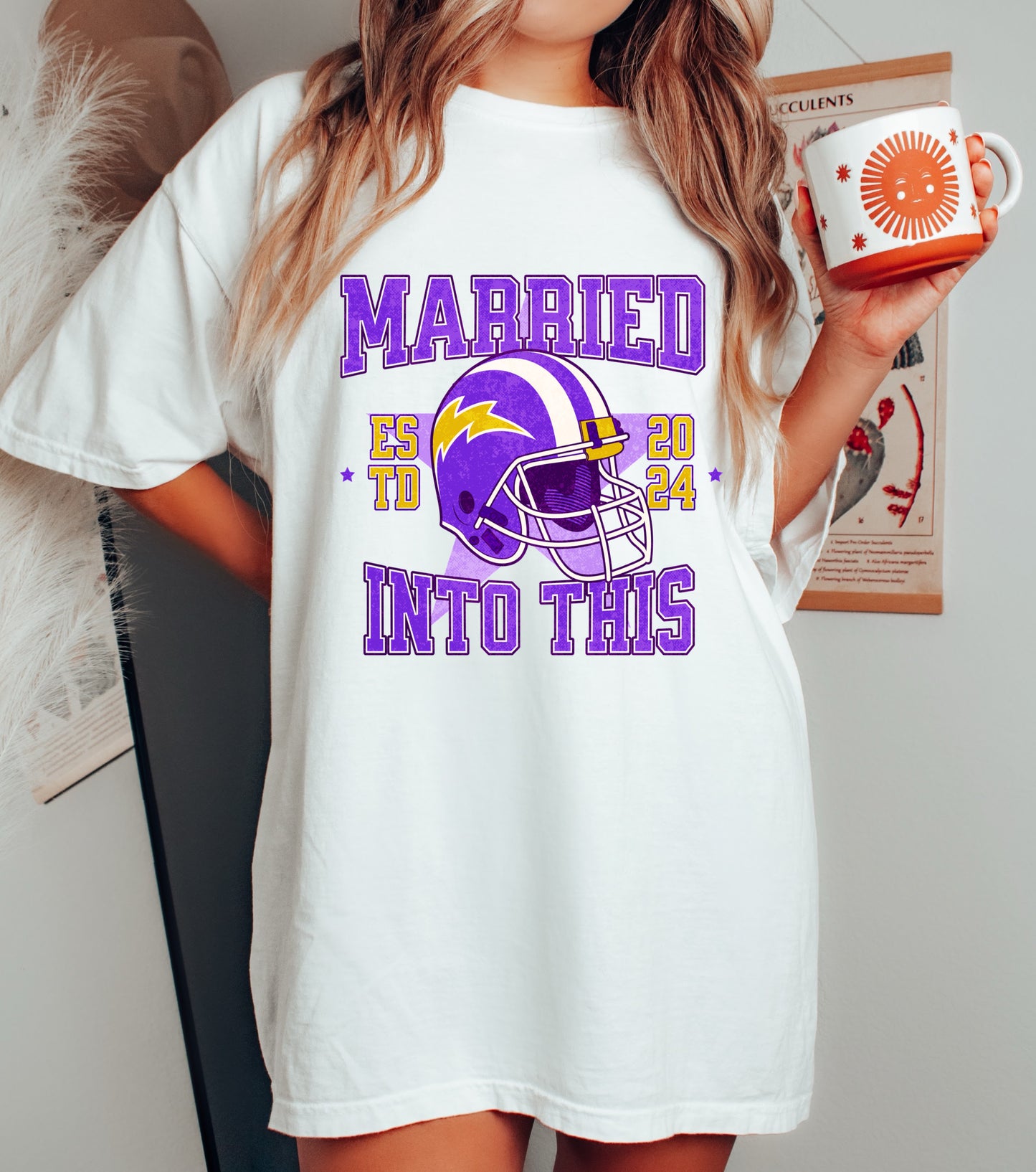 Comfort Colors or Bella Canvas Funny Married Into This Football Shirt (LSU Colors) Purple Gold